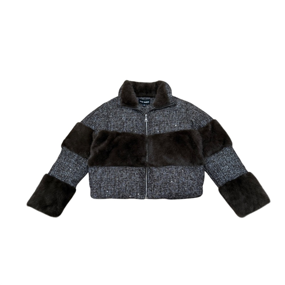 Steve Madden Womens Snowdrop Tweed-Mix Puffer Jacket Brown Faux Fur Small